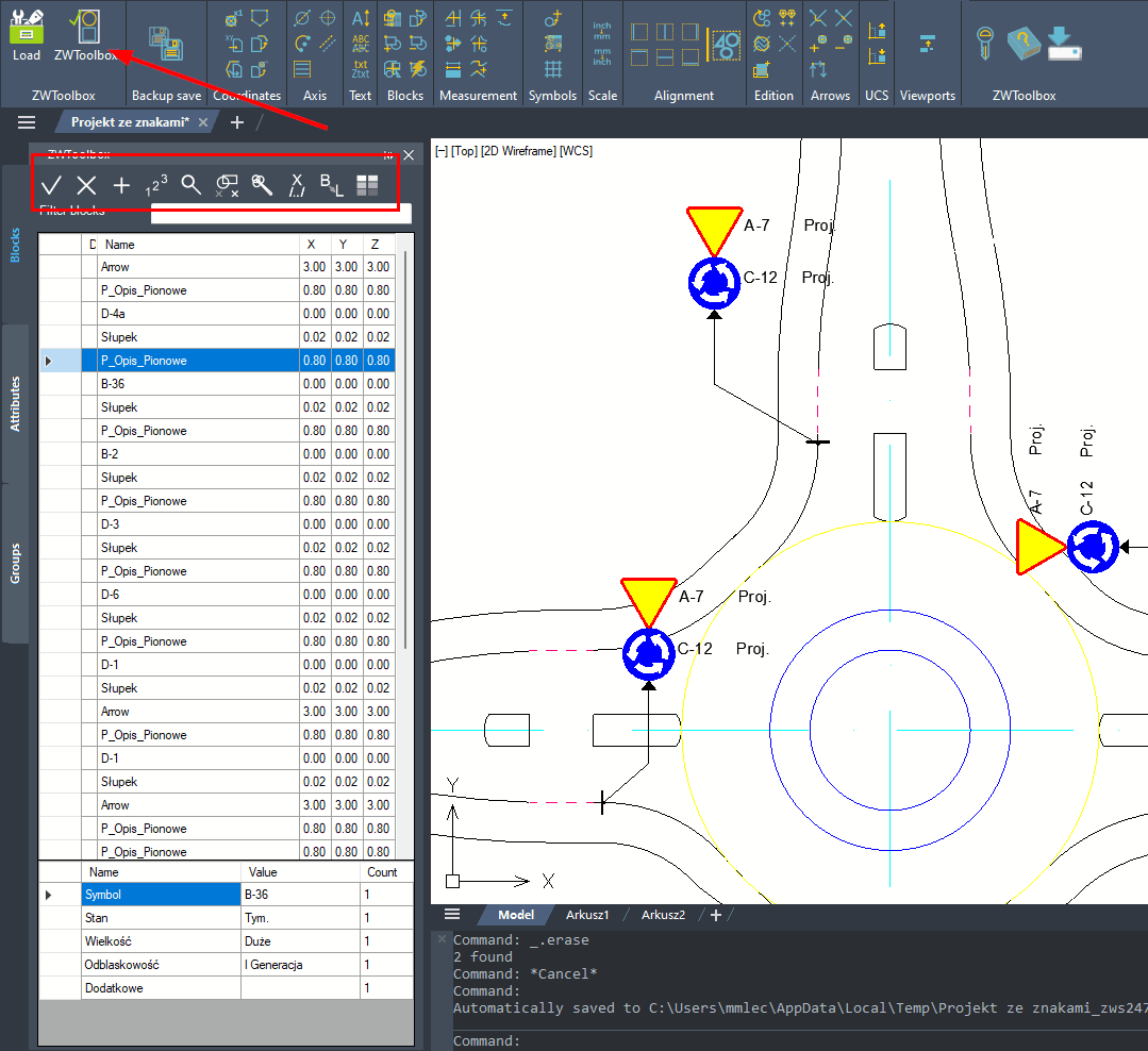 Example of ZWToolbox' panel in CAD drawing