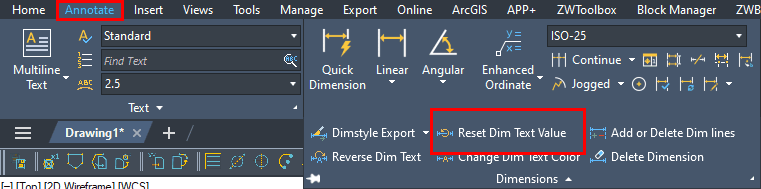 Using Reset dim text value command in ZWCAD 2025